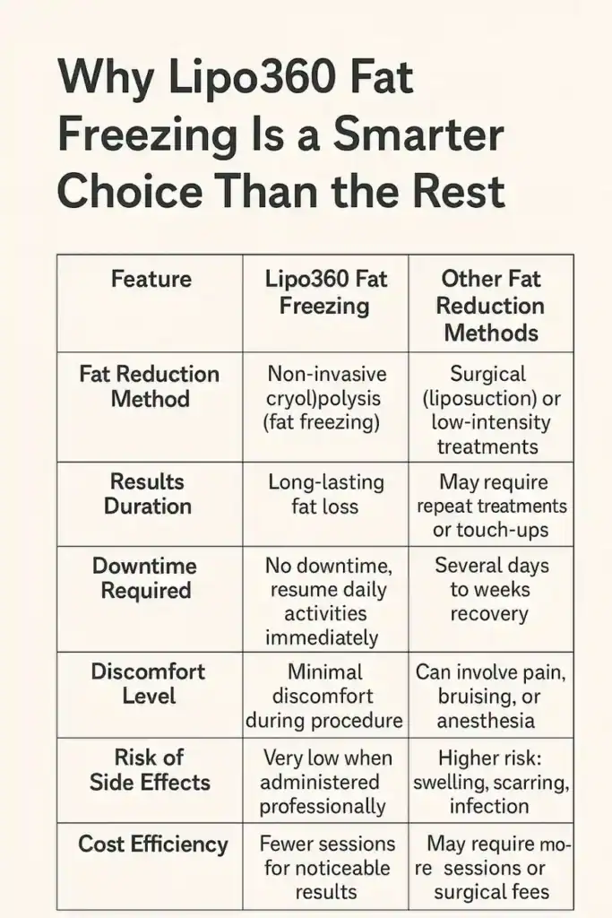 Is it possible to permanently freeze fat cells? 2 Table showing benefits of fat freezing to remove fat cells Westcliff-on-Sea from Lipo 360
